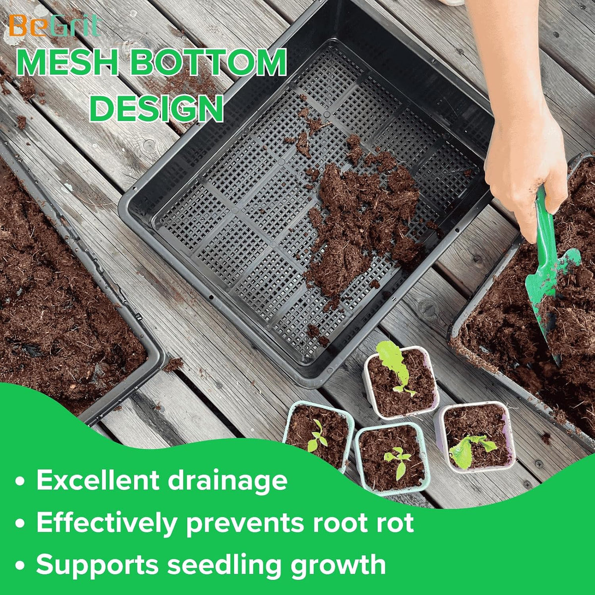 BeGrit Seed Starter Trays Mesh Tray 10-Pack 15x12 inch Plastic Plant Trays Garden Seedling Starter Kit Succulent Transport Pots Bonsai Training Pots
