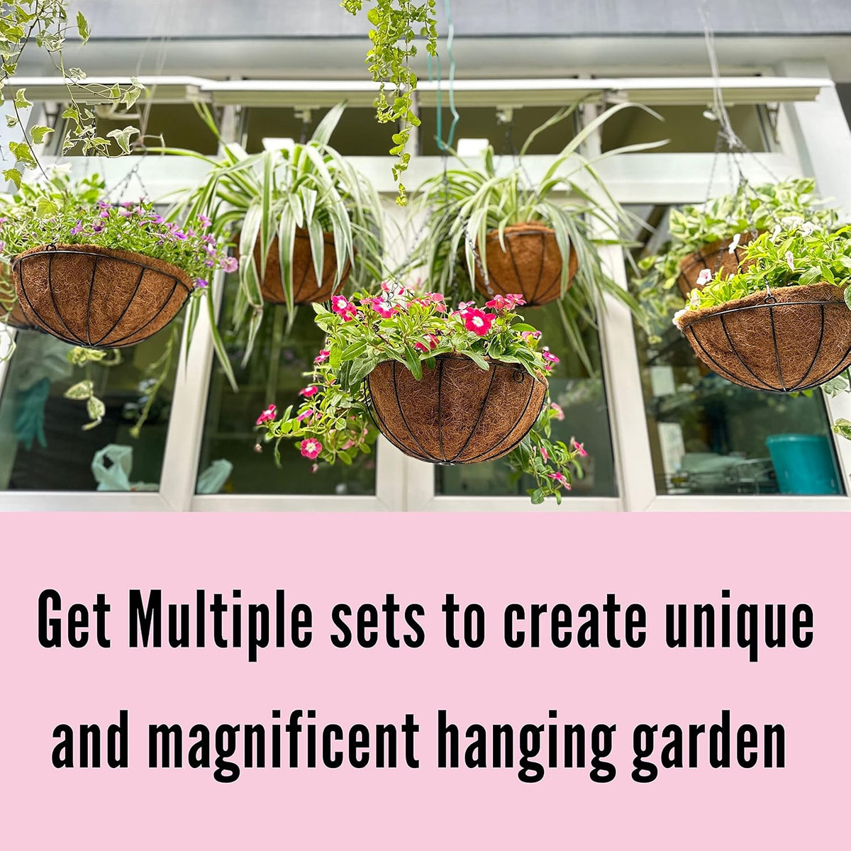 LaLaGreen Round Hanging Baskets (10 in, 2 Pack) Black Metal Coco Liner Pots