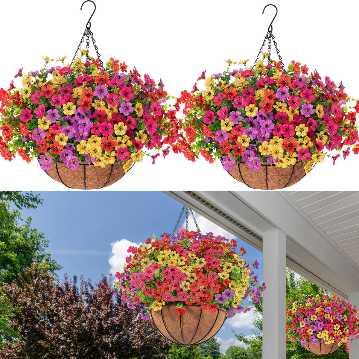 Orgrimmar 2pcs Artificial Fall Mums Hanging Basket Fake Flower Plant Orange