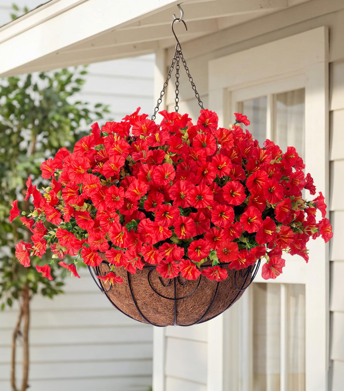 HyeFlora Artificial Fall Hanging Flowers with Basket Faux Plants for Outdoors, Fake Silk Morning Glory with Eucalyptus in Planter UV Resistant Outdoor Flowers for Outside Porch Patio Garden Home