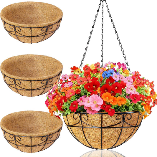 3 Pack 12 Inch Hanging Baskets for Plants Outdoor - Metal Hanging Planters for Outdoor Plants with Coco Liners - Heavy Duty Empty Hanging Flower Pots for Porch Patio Garden