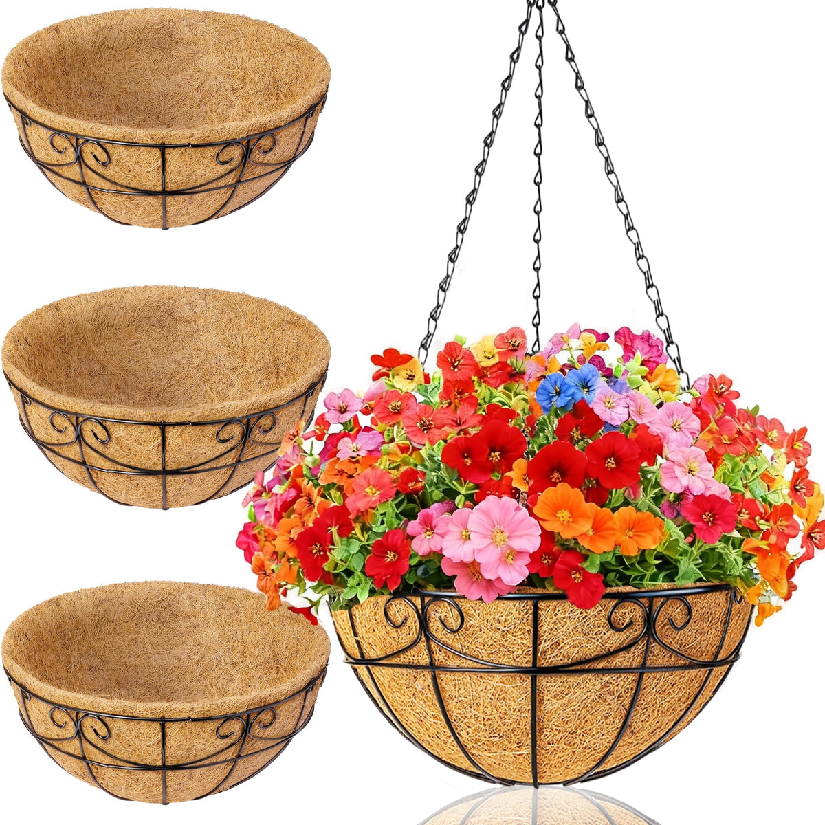 3 Pack 12 Inch Hanging Baskets for Plants Outdoor - Metal Hanging Planters for Outdoor Plants with Coco Liners - Heavy Duty Empty Hanging Flower Pots for Porch Patio Garden