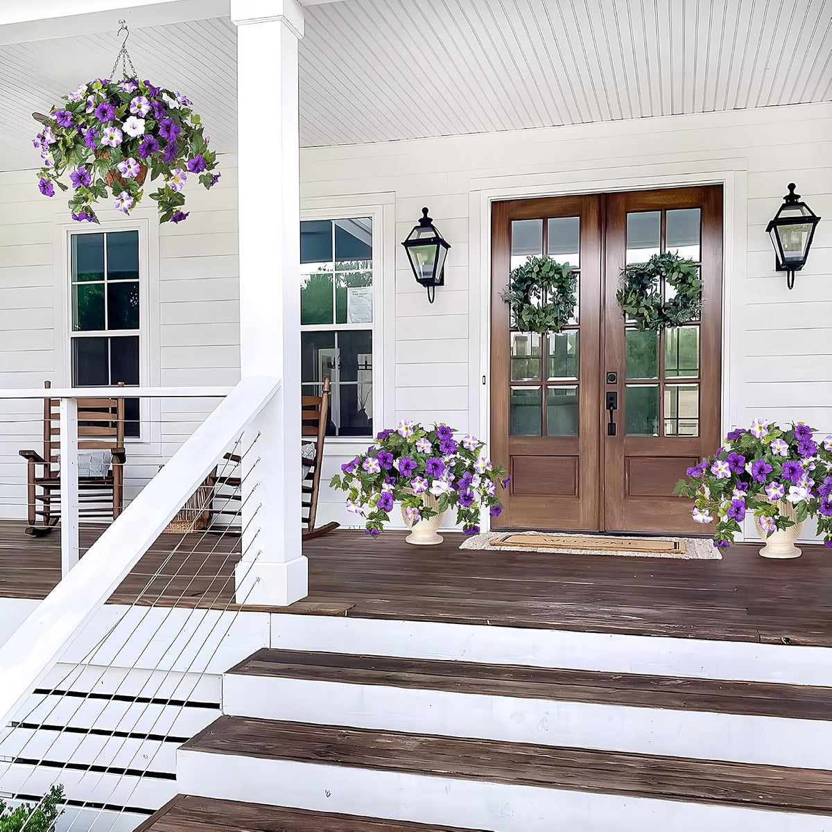 Ammyoo Artificial Hanging Fake Flowers with Basket Plants for Outdoor Decor