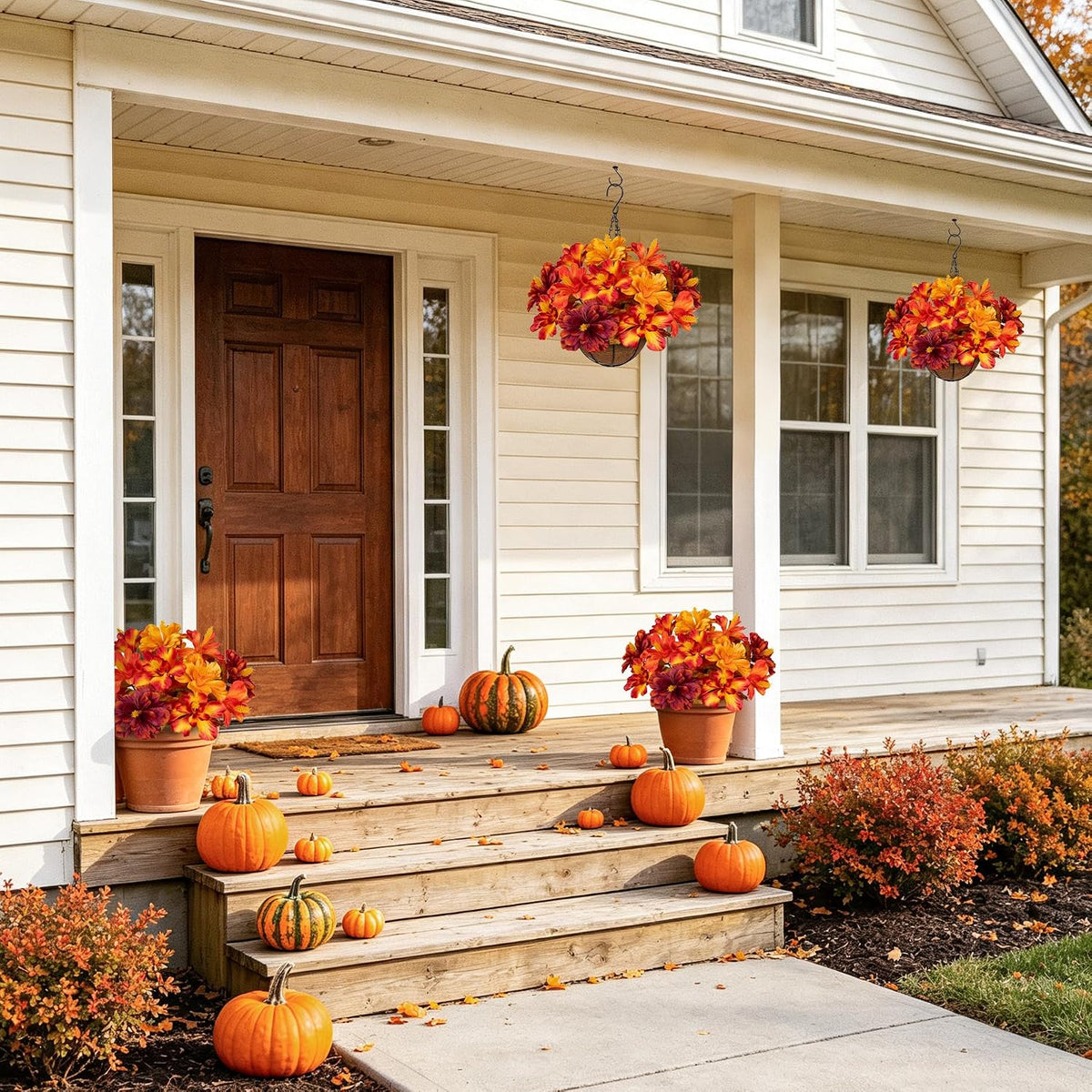 Briful 16.9" Artificial Hanging Basket with Flowers, Fake Autumn Hibiscus Silk Floral Arrangement with Hook, Faux Potted Decor for Front Porch Patio Garden Fall Thanksgiving