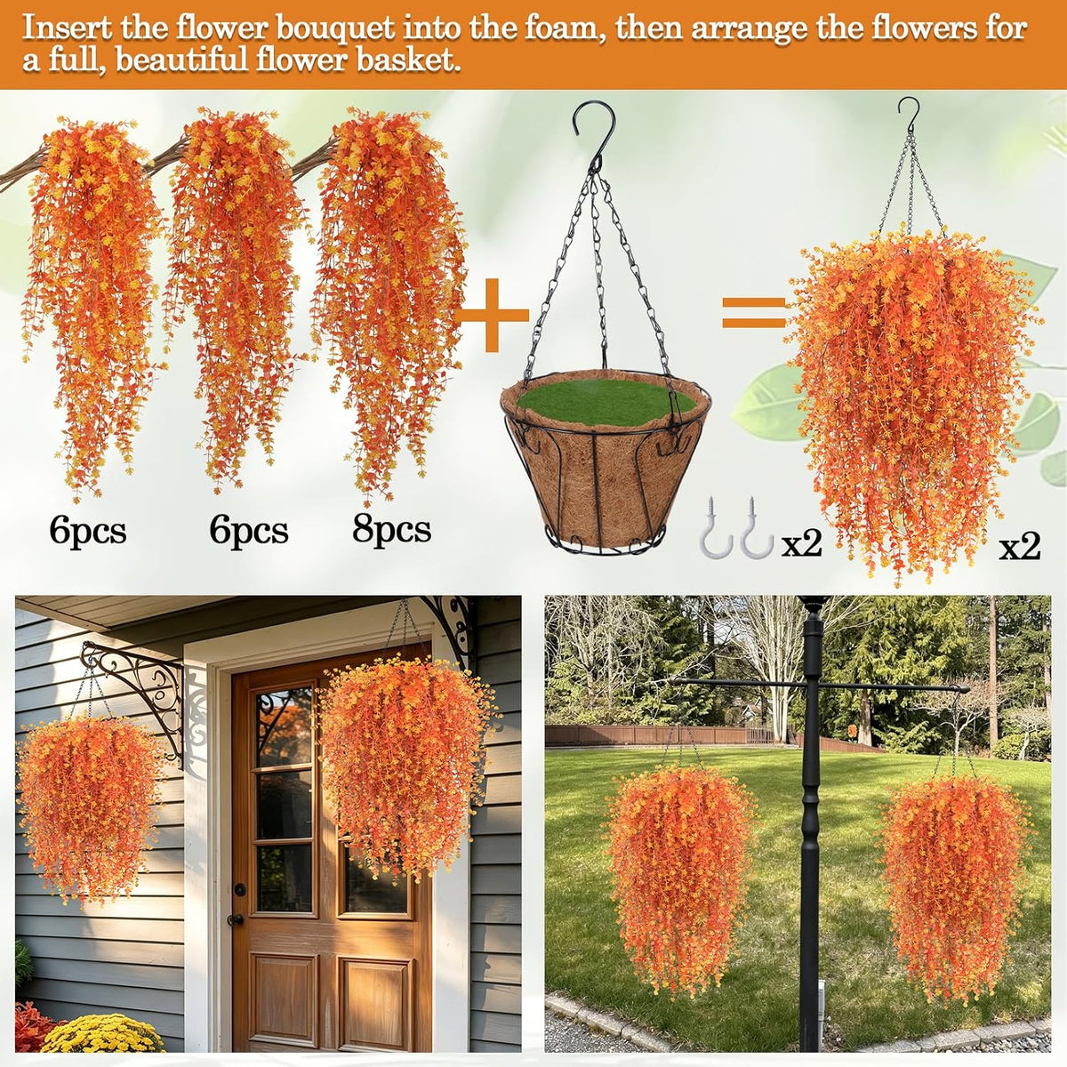 2 Set Fall Artificial Flower Hanging Baskets for Outdoors, UV Resistant