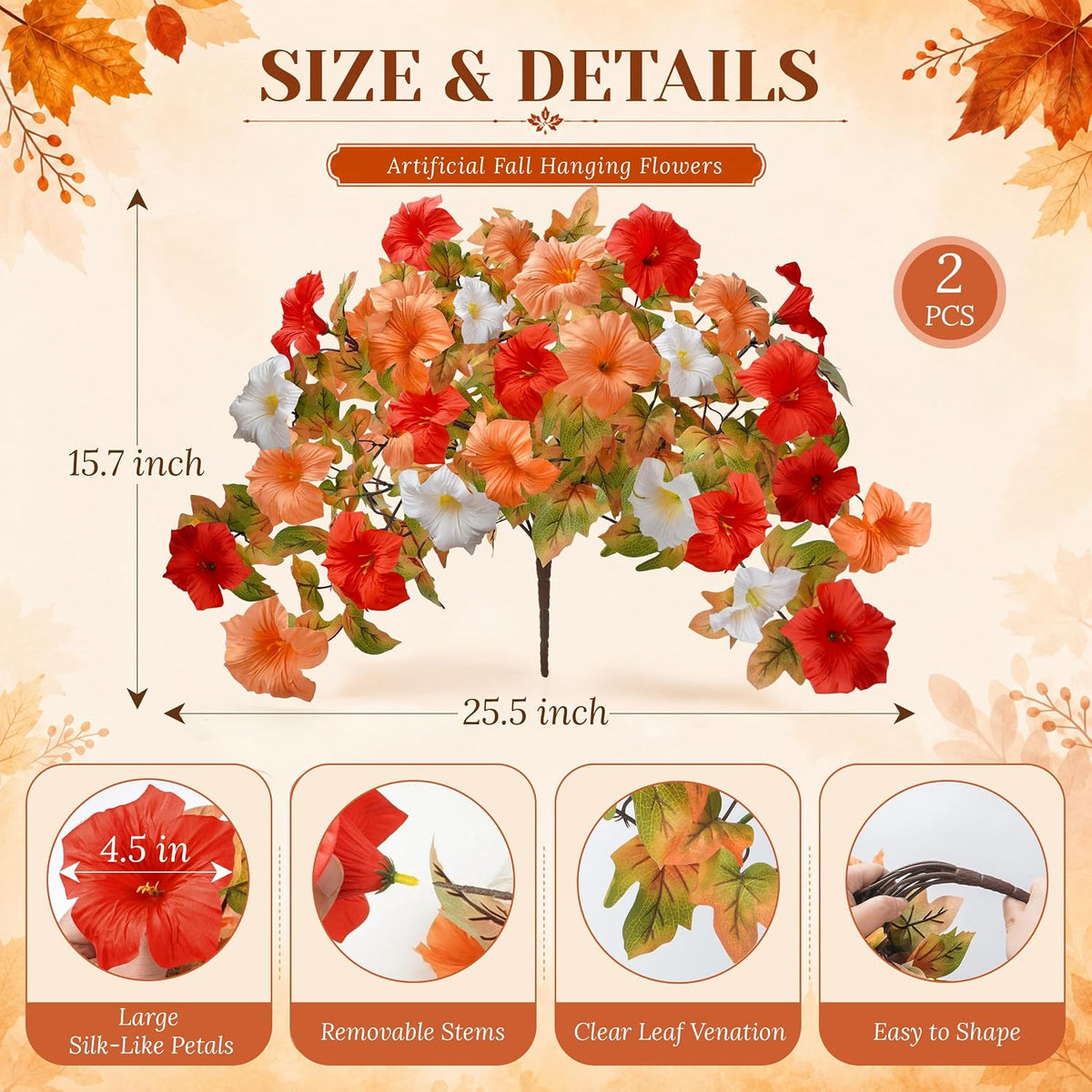 Der Rose 2Pcs Artificial Fall Hanging Flowers for Basket Outdoors