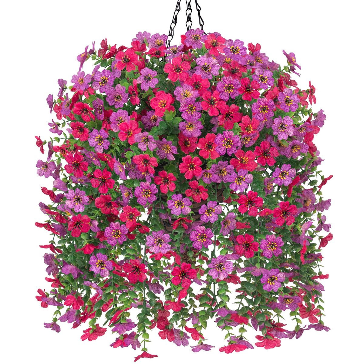 HyeFlora Artificial Hanging Flowers Basket for Outdoor, Fake Flowers Faux Plants Look Real for Yard Gardens Porch Patio Home (Darkpurple+Hotpink)