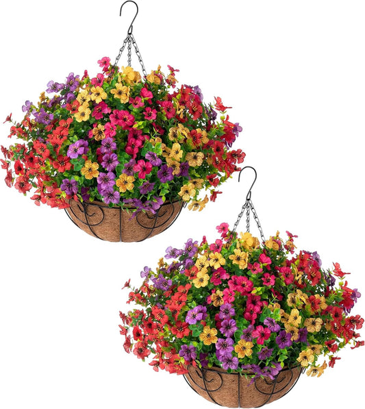HyeFlora 2 Set Artificial Outdoor Flowers Hanging Basket, Faux Hanging Plants for Outside Spring Decoration, Fake Silk UV Resistant Look Real Daisy for Porch Patio Home Decor