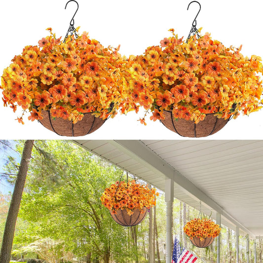 Orgrimmar 2pcs Artificial Fall Mums Hanging Basket Fake Flower Plant Orange