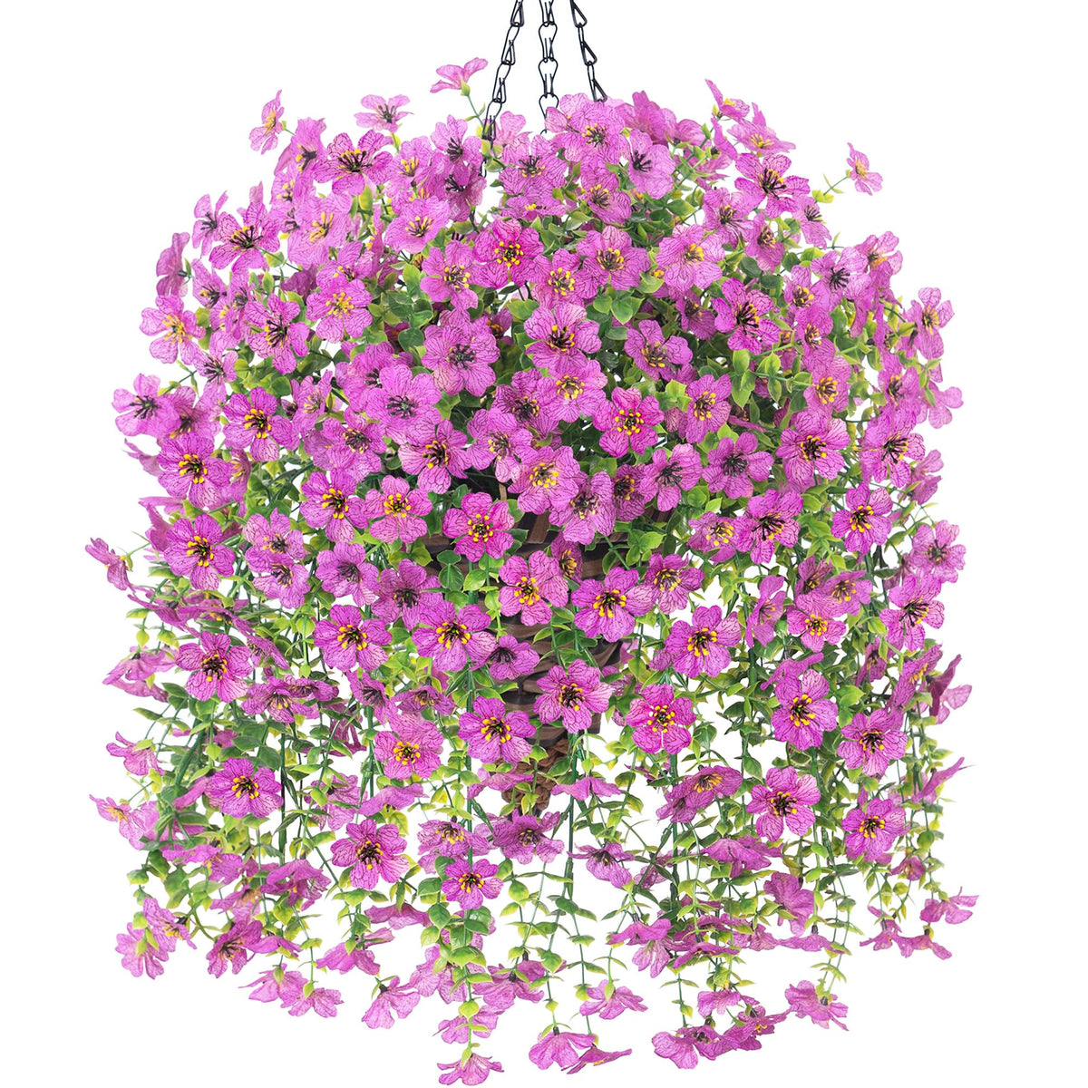 HyeFlora Artificial Hanging Flowers Basket for Outdoor, Fake Flowers Faux Plants Look Real for Yard Gardens Porch Patio Home (Darkpurple+Hotpink)