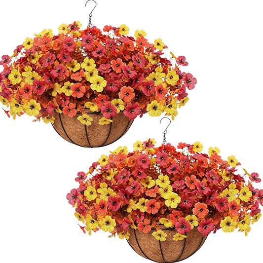 2 Set Artificial Fake Mums Flowers Plants with Hanging Basket for Outdoor,2 Hanging Planters with 24 Pcs Faux Plastic Mums Fall Flowers for Outside Autumn Porch Garden Patio Home Decor (3 Multicolor)