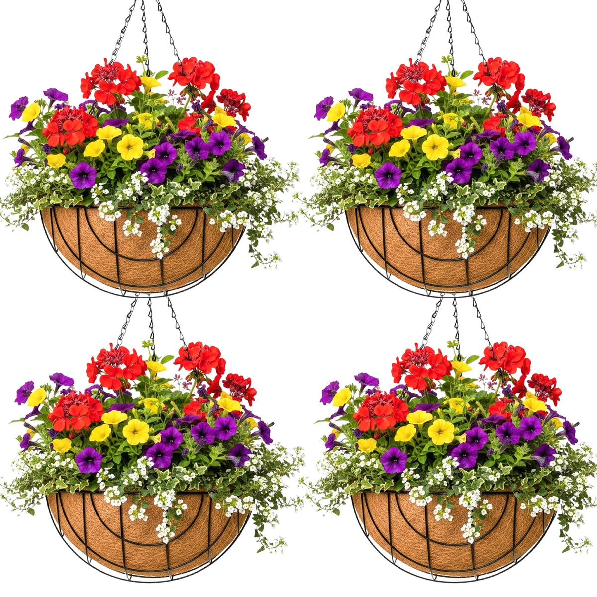 14 inch Metal Hanging Baskets For Plants Outdoor 4 Pack Round Metal Wire Hanging Basket Planter with Coco Fiber Liners Chain Round Wire Plant Holder for Garden, Patio, Deck, Porch Plants Flower Potss