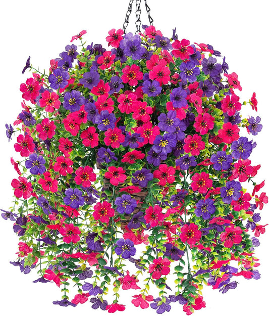 HyeFlora Artificial Hanging Flowers Basket for Outdoor, Fake Flowers Faux Plants Look Real for Yard Gardens Porch Patio Home (Darkpurple+Hotpink)