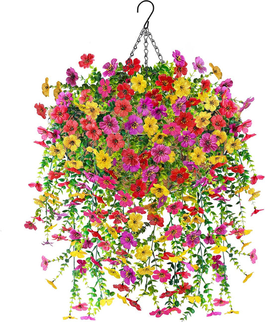 Der Rose Artificial Hanging Flower Basket for Outdoors Fake Hanging Flowers Plants with 4 Faux Silk Trailing Vines for Porch Patio Balcony Spring Decor