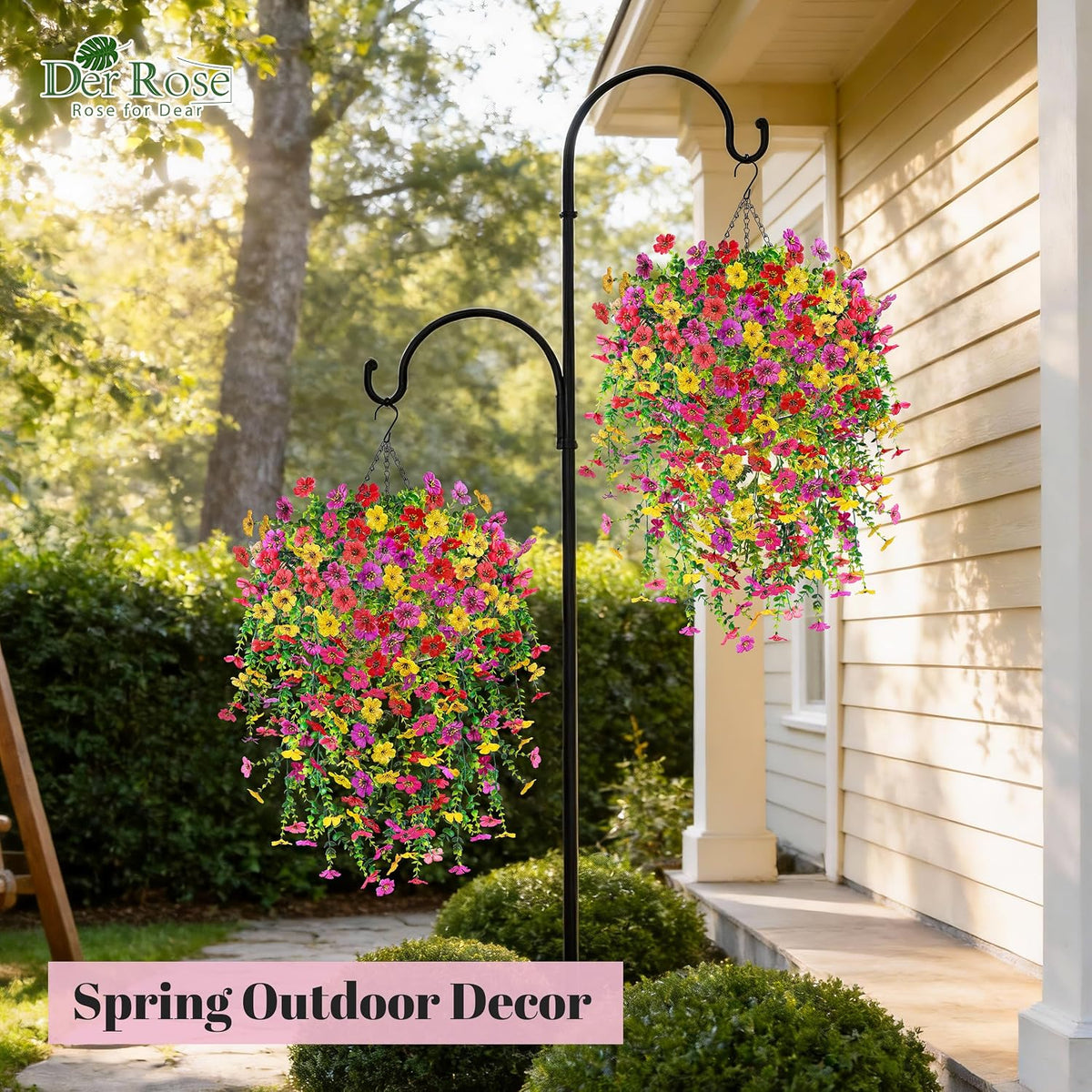 Der Rose Artificial Hanging Flower Basket for Outdoors Fake Hanging Flowers Plants with 4 Faux Silk Trailing Vines for Porch Patio Balcony Spring Decor