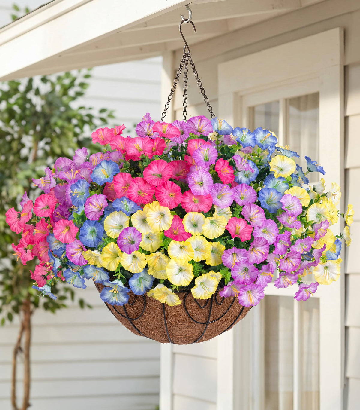 HyeFlora Artificial Fall Hanging Flowers with Basket Faux Plants for Outdoors, Fake Silk Morning Glory with Eucalyptus in Planter UV Resistant Outdoor Flowers for Outside Porch Patio Garden Home