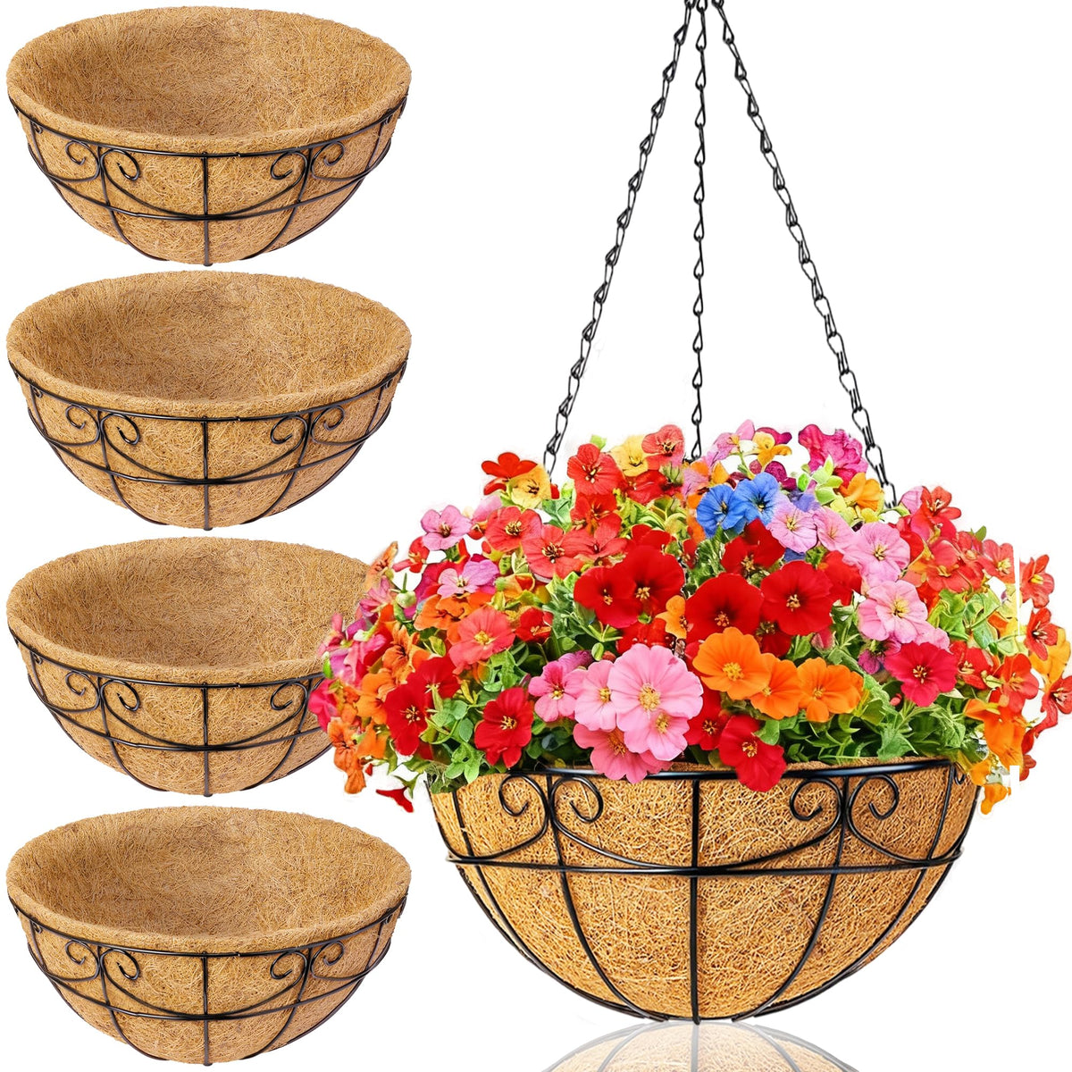 3 Pack 12 Inch Hanging Baskets for Plants Outdoor - Metal Hanging Planters for Outdoor Plants with Coco Liners - Heavy Duty Empty Hanging Flower Pots for Porch Patio Garden